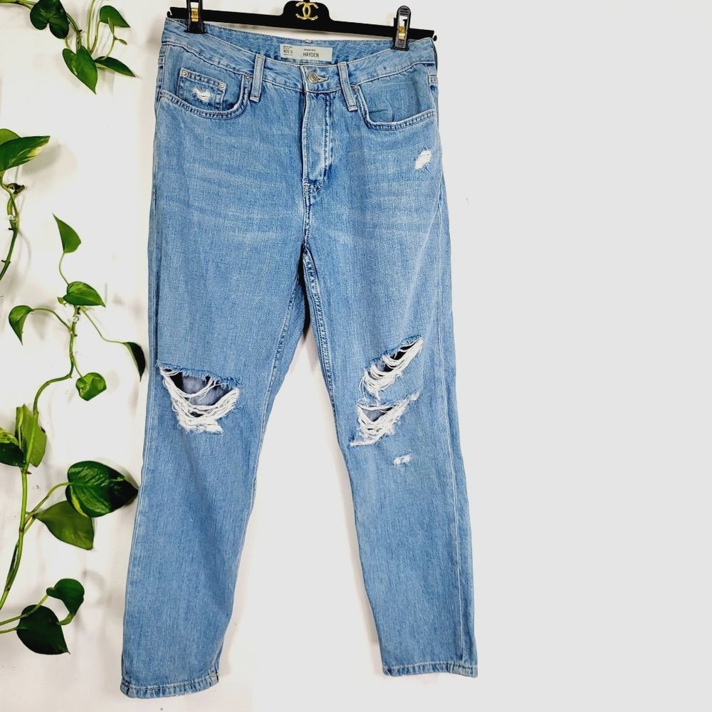 TOPSHOP Mid Blue Washed Denim Straight Cut Jeans 26 High Rise Ripped Distressed - Picture 4 of 14
